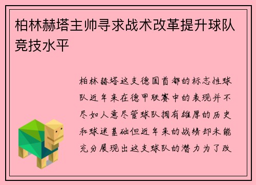 柏林赫塔主帅寻求战术改革提升球队竞技水平